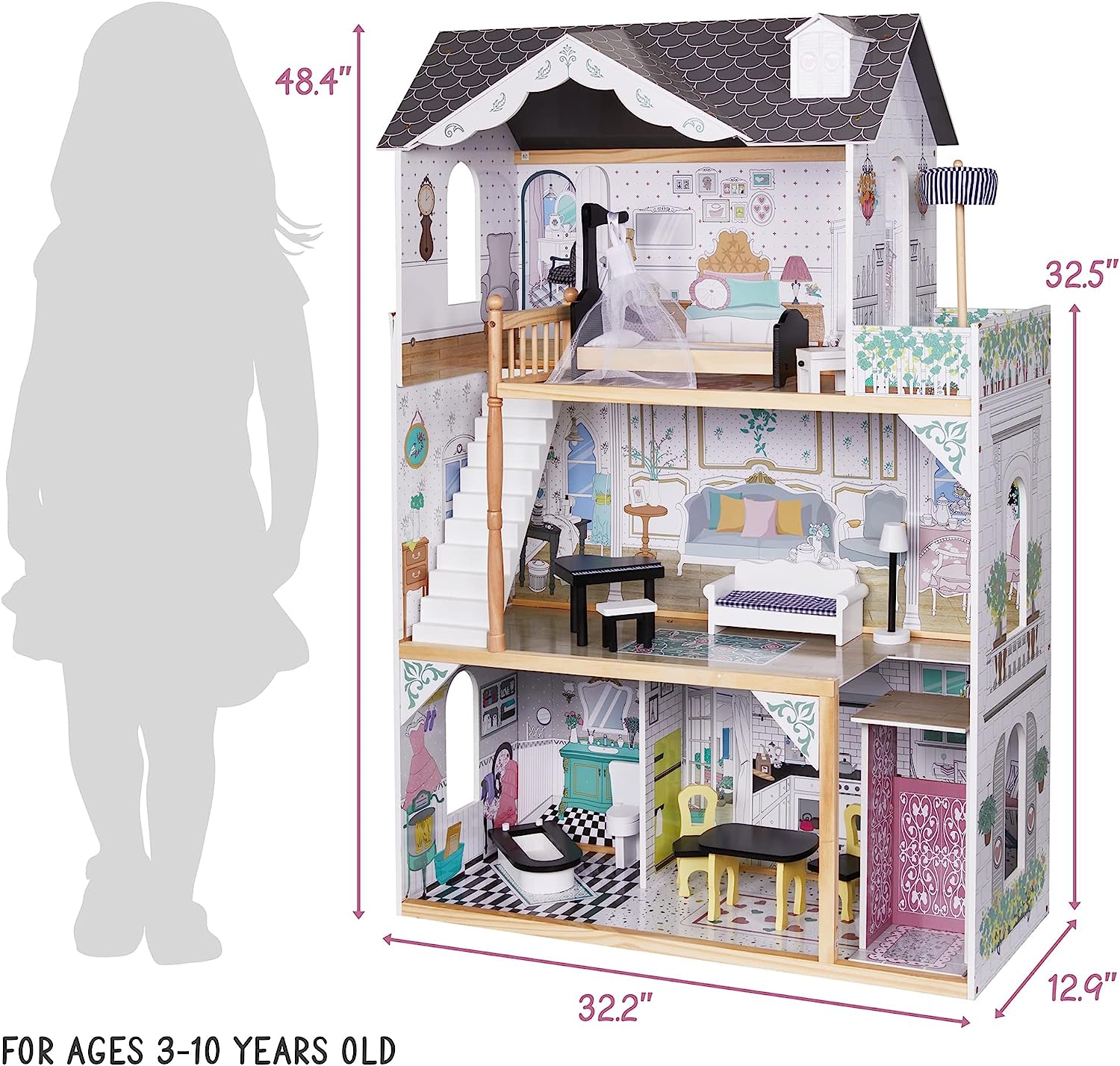 Lil' Jumbl Kids Wooden Dollhouse， with Elevator， Balcony and Stairs， Accessories and Furniture Included X-Large 3 Story Easy to Assemble Doll House Toy