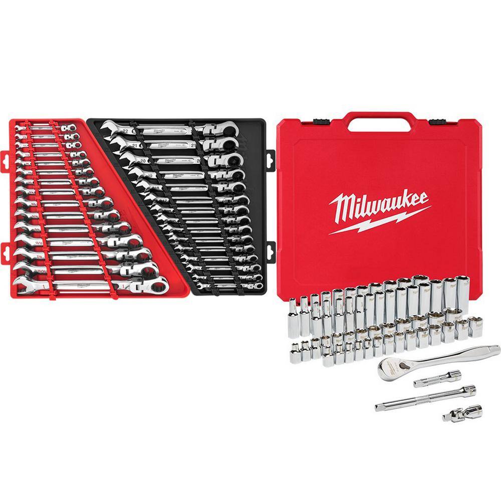 MW 38 in. Drive SAEMetric Ratchet and Socket Mechanics Tool Set with SAEMetric Flex-Head Combination Wrenches (86-Piece) 48-22-9008-48-22-9513-48-22-9413