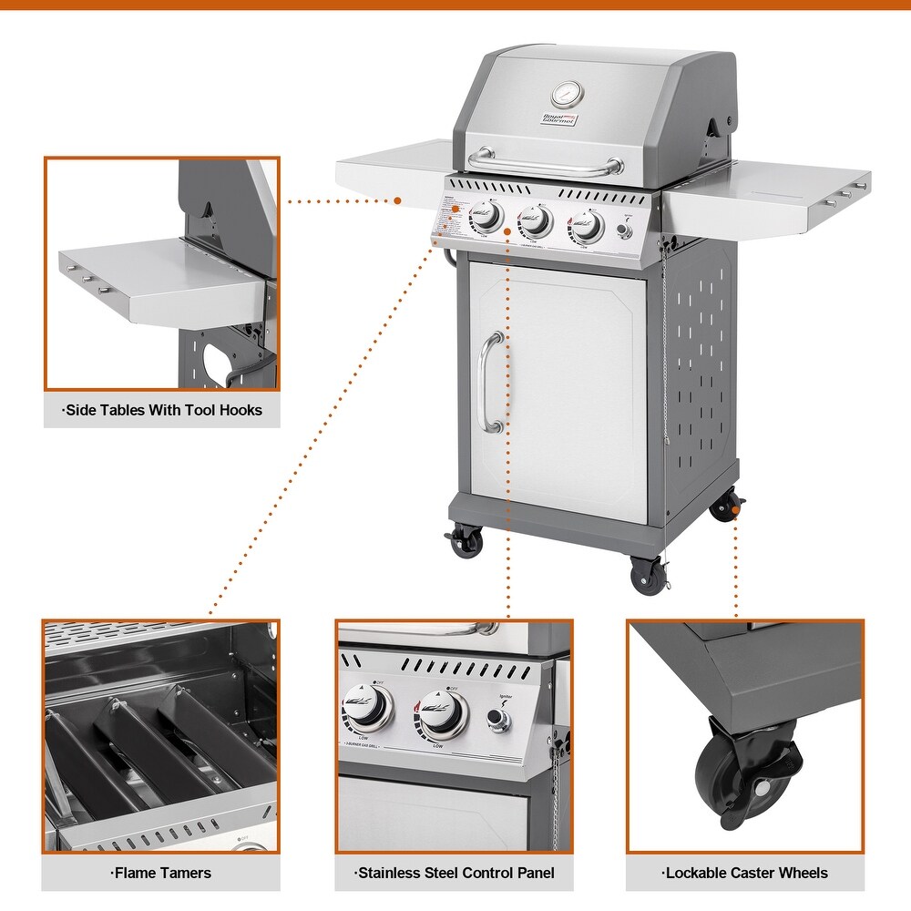 Royal Gourmet Stainless Steel 3 Burner Gas Grill with Side Tables  Silver