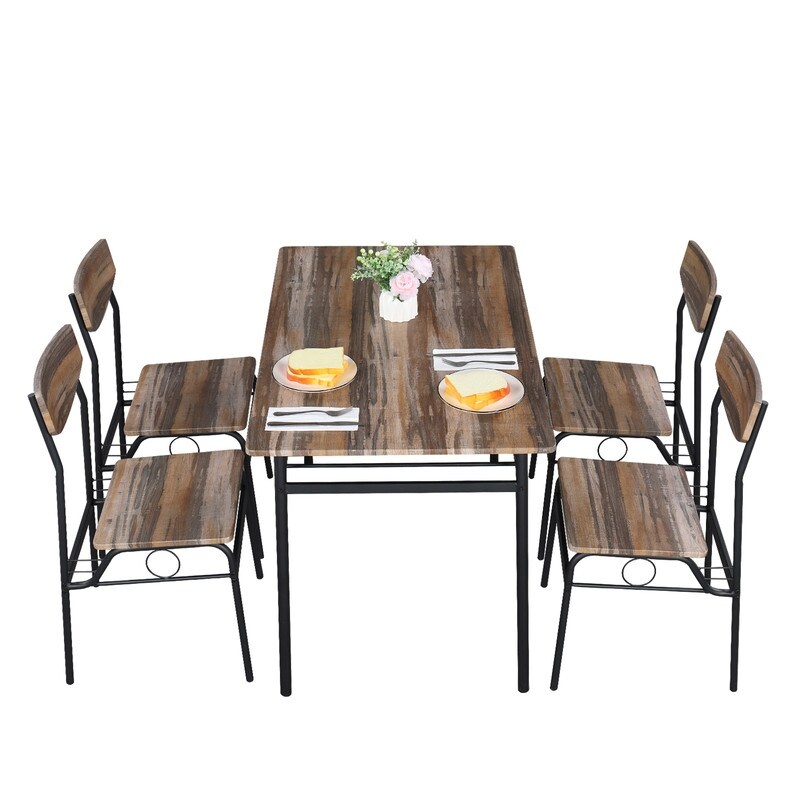 Rectangular Iron Compartment Dining Set with Table 4 Chairs Wood Color