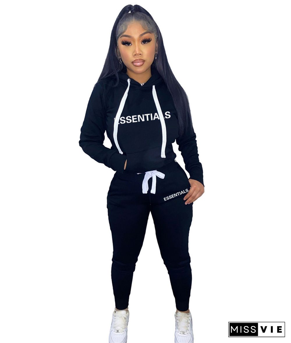 Letter Print Pullovers Hoodie Sweatpants 2 Piece Sets