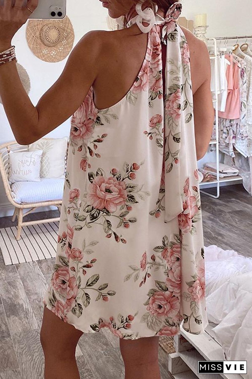 Pretty Floral Print Lace-up Halter Dress