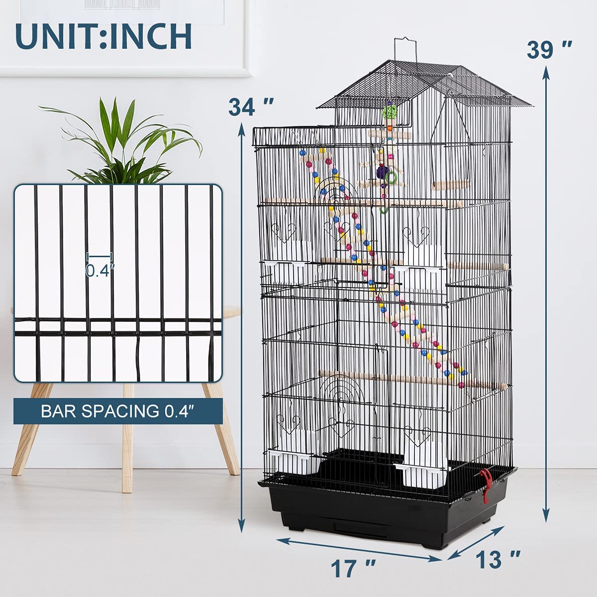 39 Inch Big Bird Cage Study Parakeet Cage Aviary with Accessories Roof Top Flight Parrot Cage with Ladder and Swing Jaulas para Pajaros for Small Parakeet，Canaries， Lovebirds， Cockatiels， Parrots