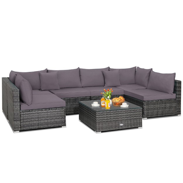 Costway 7pcs Patio Rattan Furniture Set Sectional Sofa Cushioned Garden