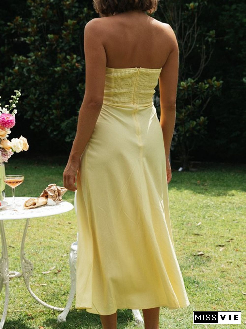 Solid Strapless Backless Waist Long Dress