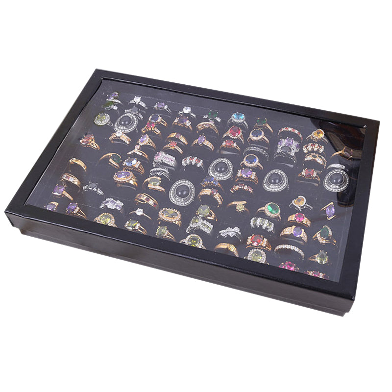 Velvet 100 Slots Ring Earrings Display Box Showcase Storage Case Holder Tray Jewelry Organizer Boxes with Lid Black