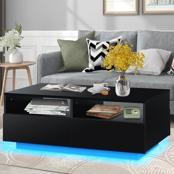 High Gloss LED Coffee Table Modern Black Coffee Table with Storage Drawer， 35.4 x 22 x 13.8 Inches