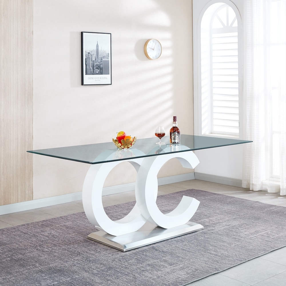 Tempered Glass Dining Table with MDF Middle Support and Stainless Steel Base for Modern Design