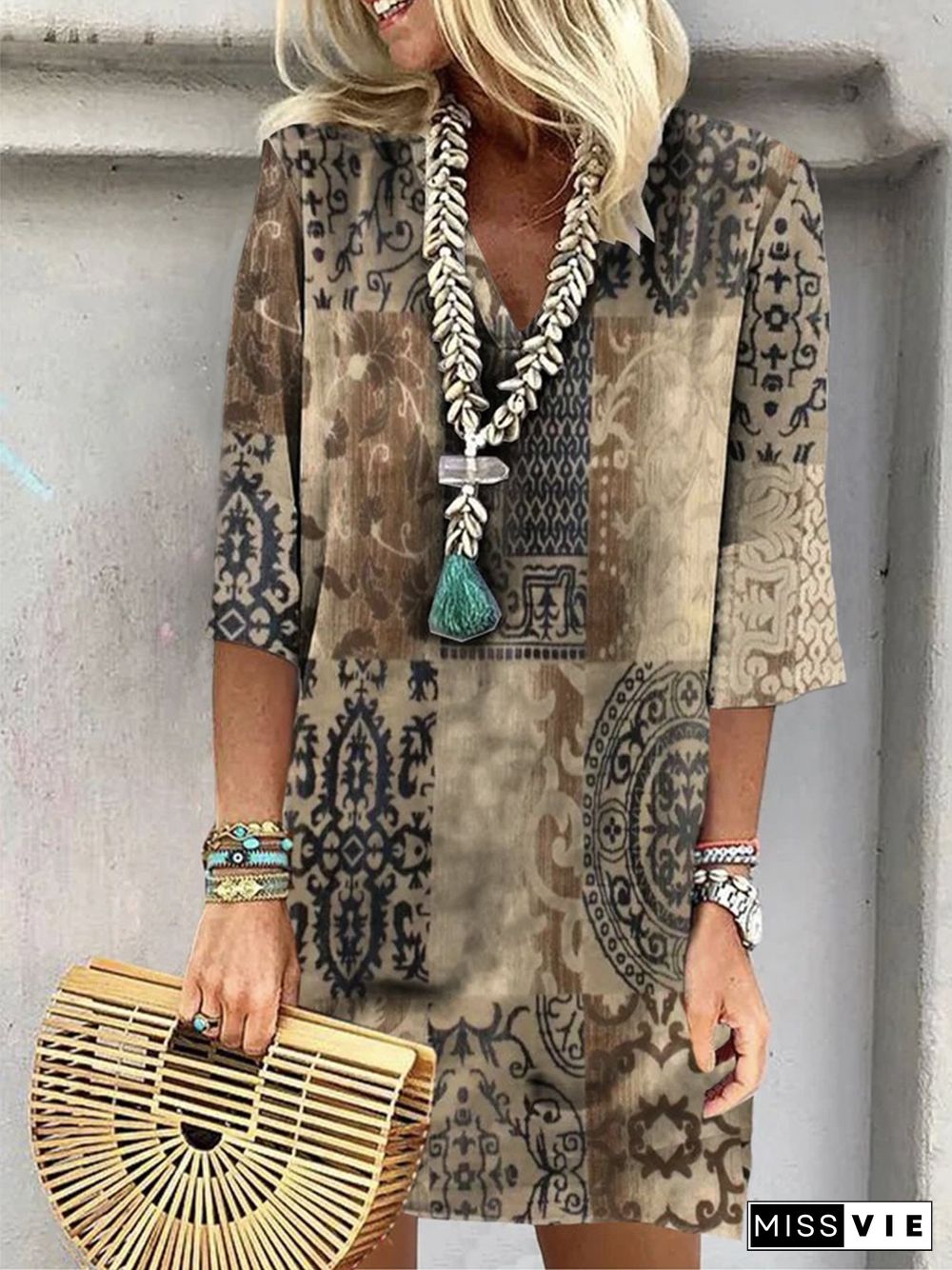 Tribal Geometric V Neck 3/4 Sleeve Plus Size Casual Dresses