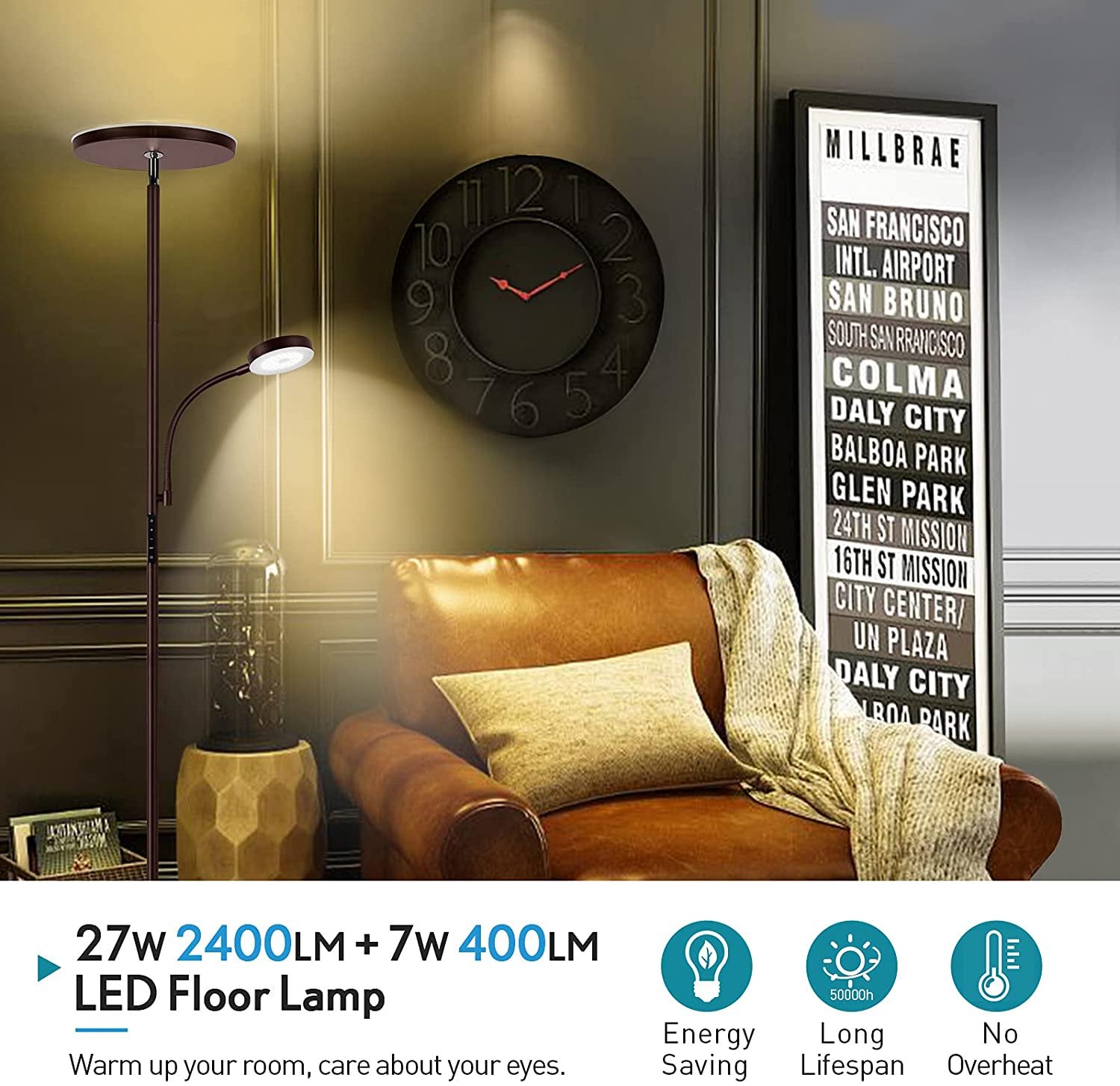 Outon LED Torchiere Floor Lamp with Reading Side Light, 4 Color Temperature Black Metal Standing Light for Living Room