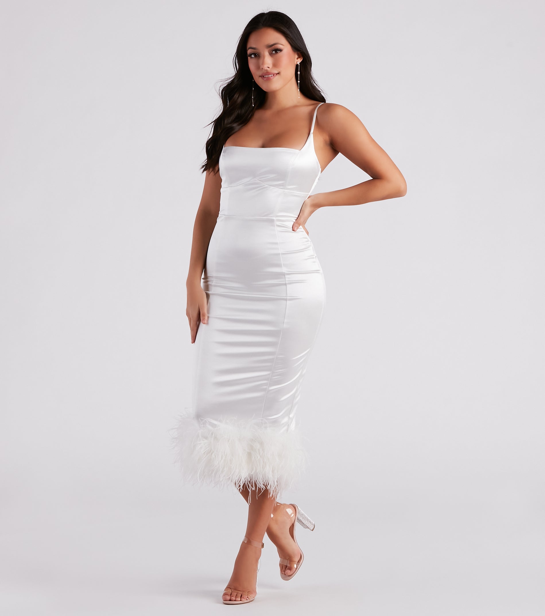 Sofia Formal Satin Feather Midi Dress