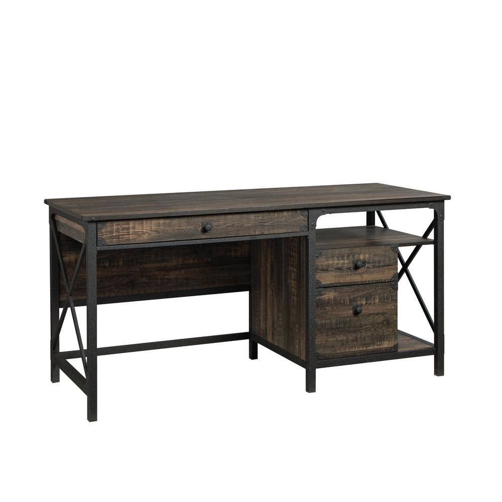 SAUDER Steel River 60.079 in. Carbon Oak Engineered Wood 3-Drawer Computer Desk with File Storage and Metal Frame 427851