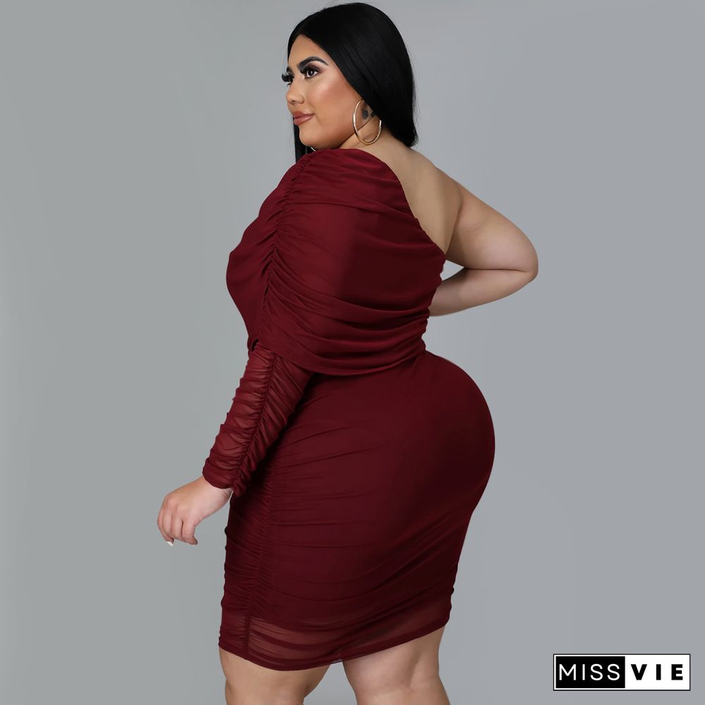 Plus Size Mesh Solid Single Sleeve Bodycon Dress