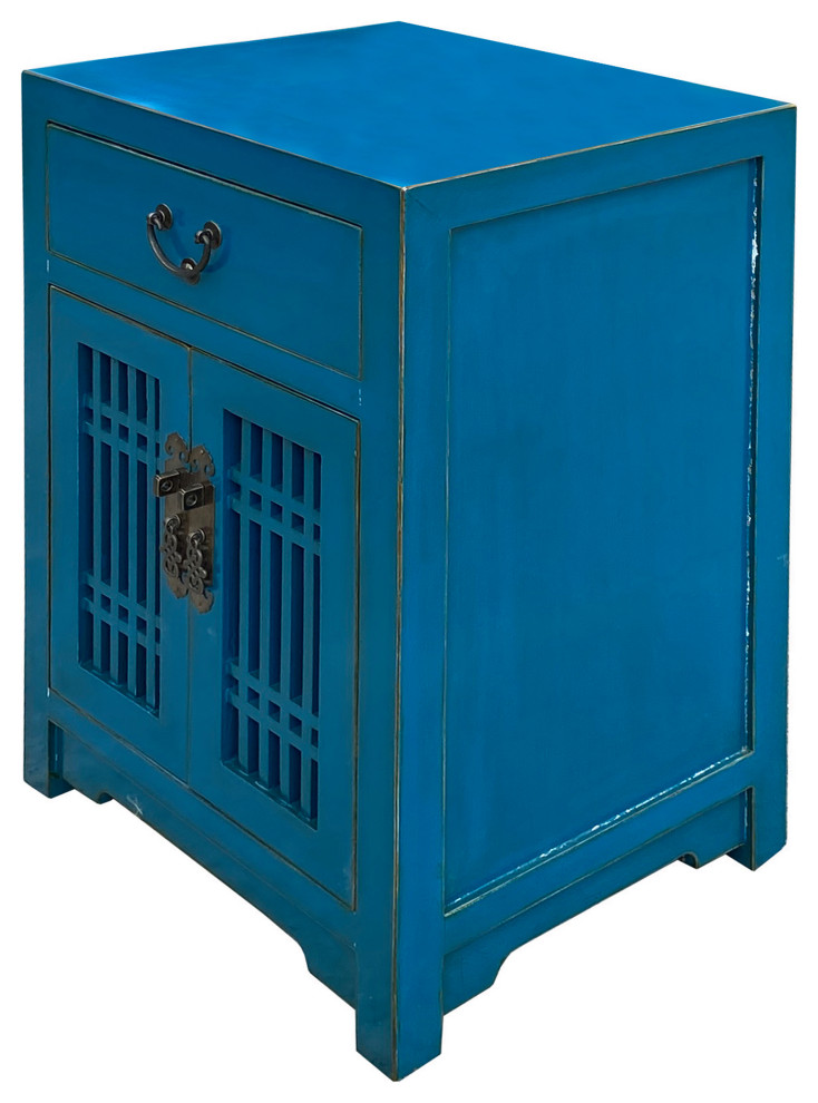 Distressed Bright Bice Blue Shutter Doors End Table Nightstand Hcs7495   Asian   Side Tables And End Tables   by Golden Lotus Antiques  Houzz