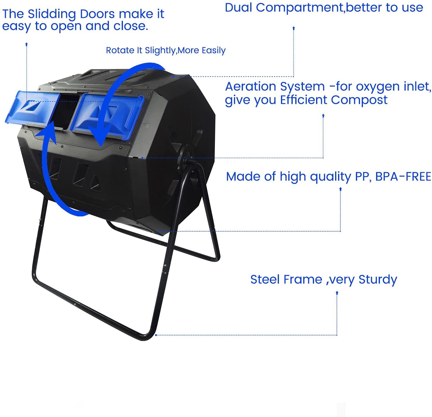 SQUEEZE master Compost Bin 43 Gallon Outdoor Tumbler composters Garden Tumbling or Rotating Compost Blue Door