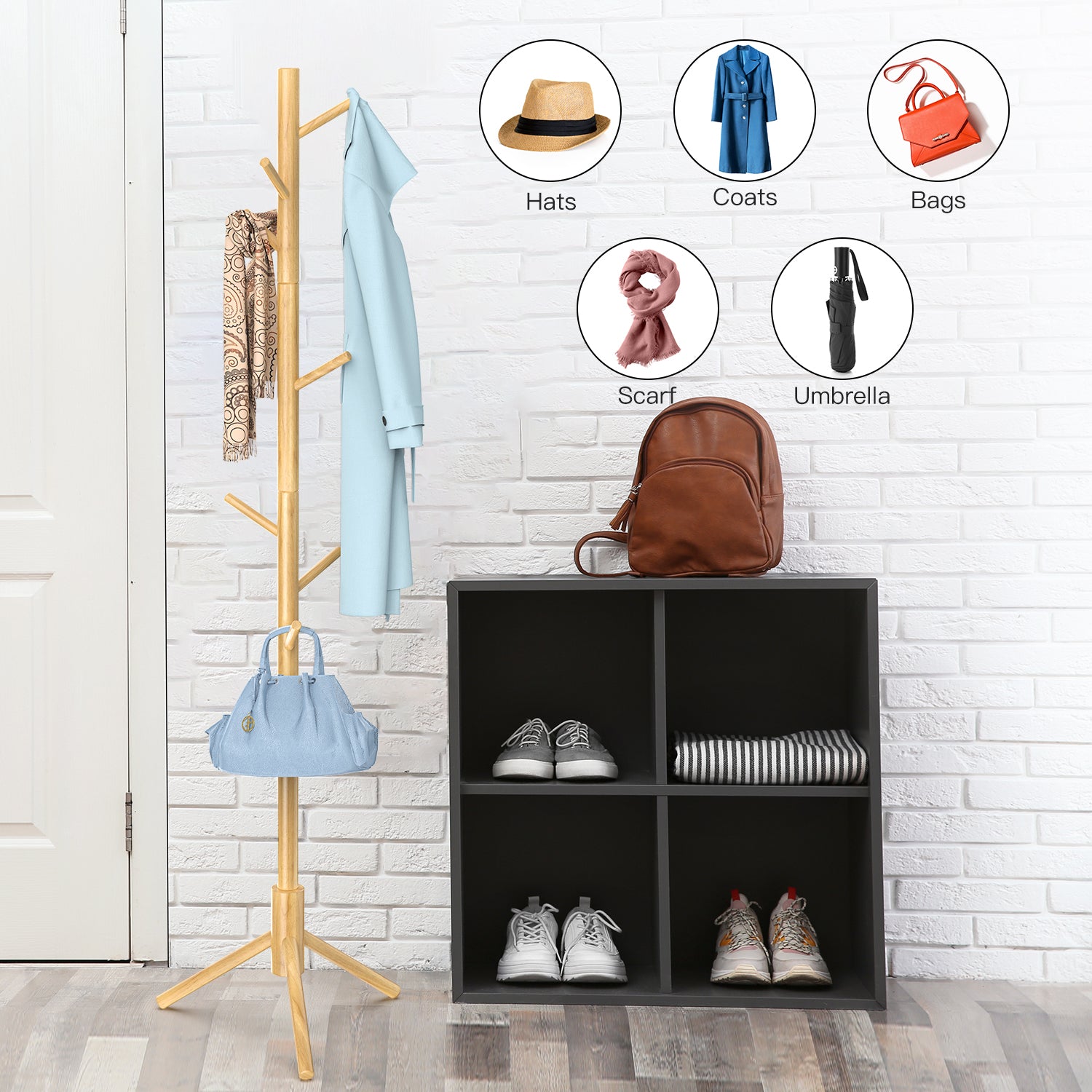 Freestanding Wooden Coat Rack Coat Stand Hall Tree with 3 Adjustable Height and 8 Hooks for Home Office Entryway Hallway