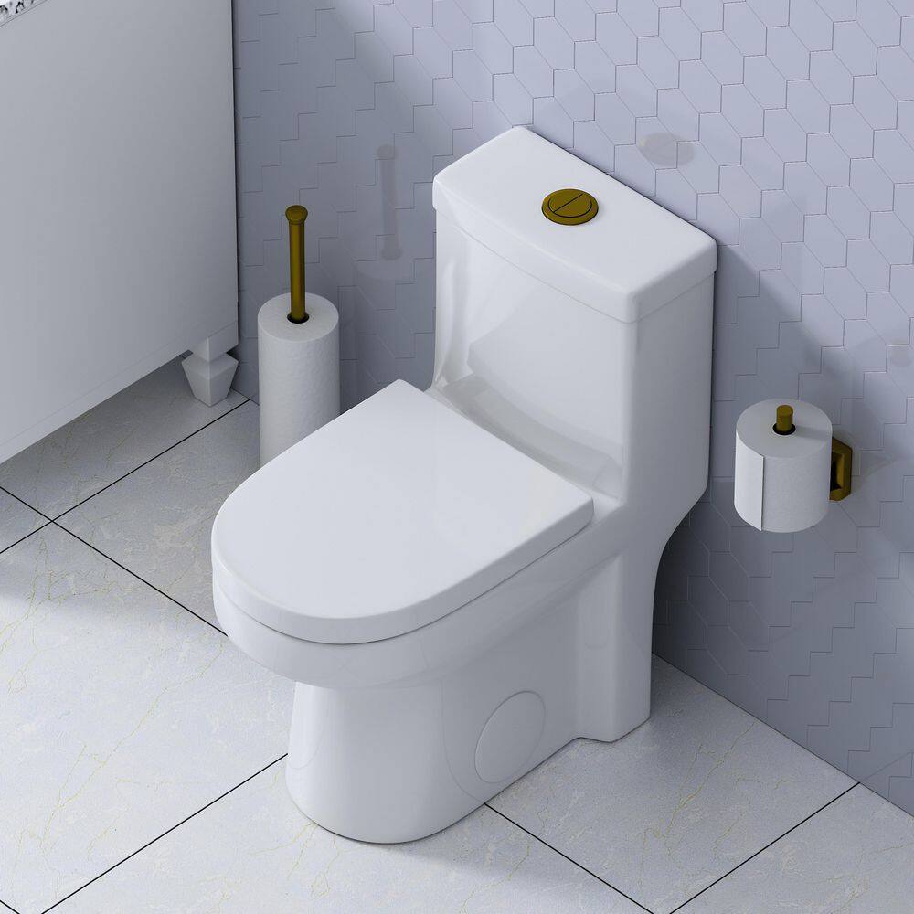 HOROW 1-piece 0.81.28 GPF High Efficiency Dual Flush Round Toilet in White with Seat Included and Brushed Gold Button HR-0033G