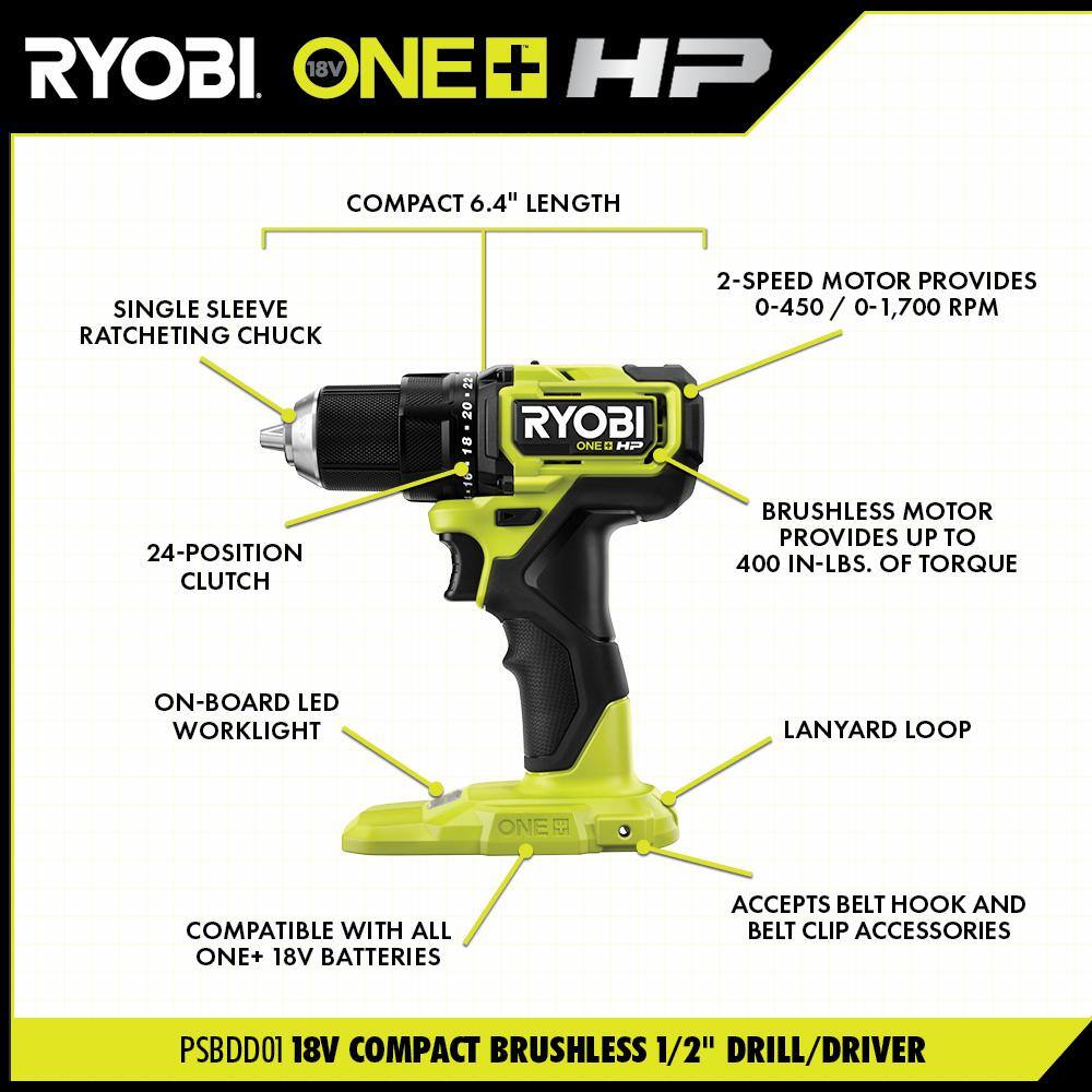 RYOBI ONE+ HP 18V Brushless Cordless Compact 12 in. DrillDriver Right Angle Drill Impact Wrench (2) Batteries Charger PSBDD01K-PSBRA02B-PSBIW01B