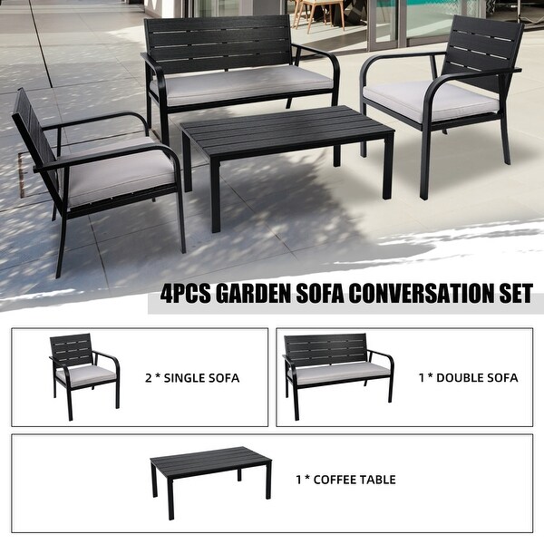 4-Pieces Outdoor Patio Garden Furniture Sets for 4， All-Weather Steel Frame Conversation Sofa Sets with Cushions and Coffee Table - Overstock - 37459329