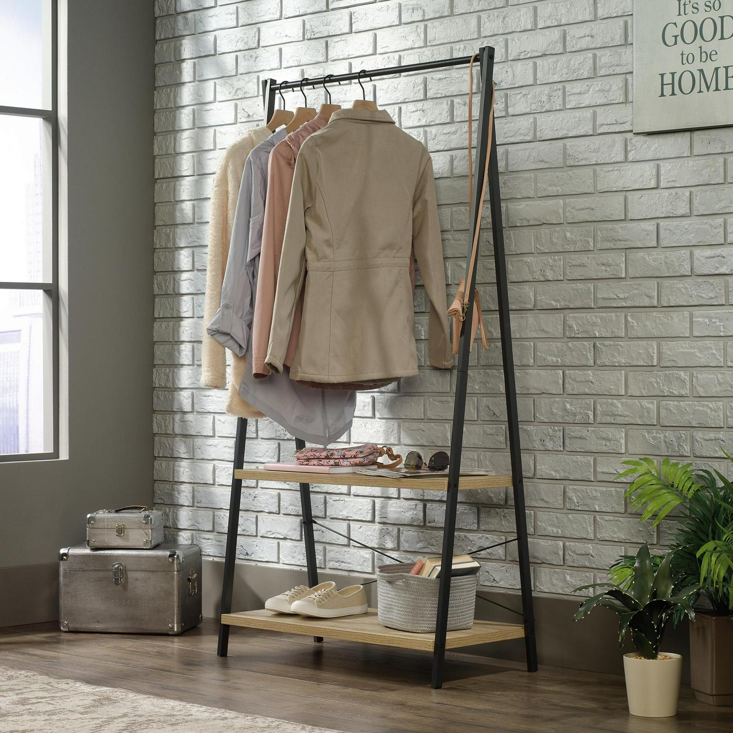 Curiod Hall Tree with Clothing Rack Charter Oak Finish  Crowdfused