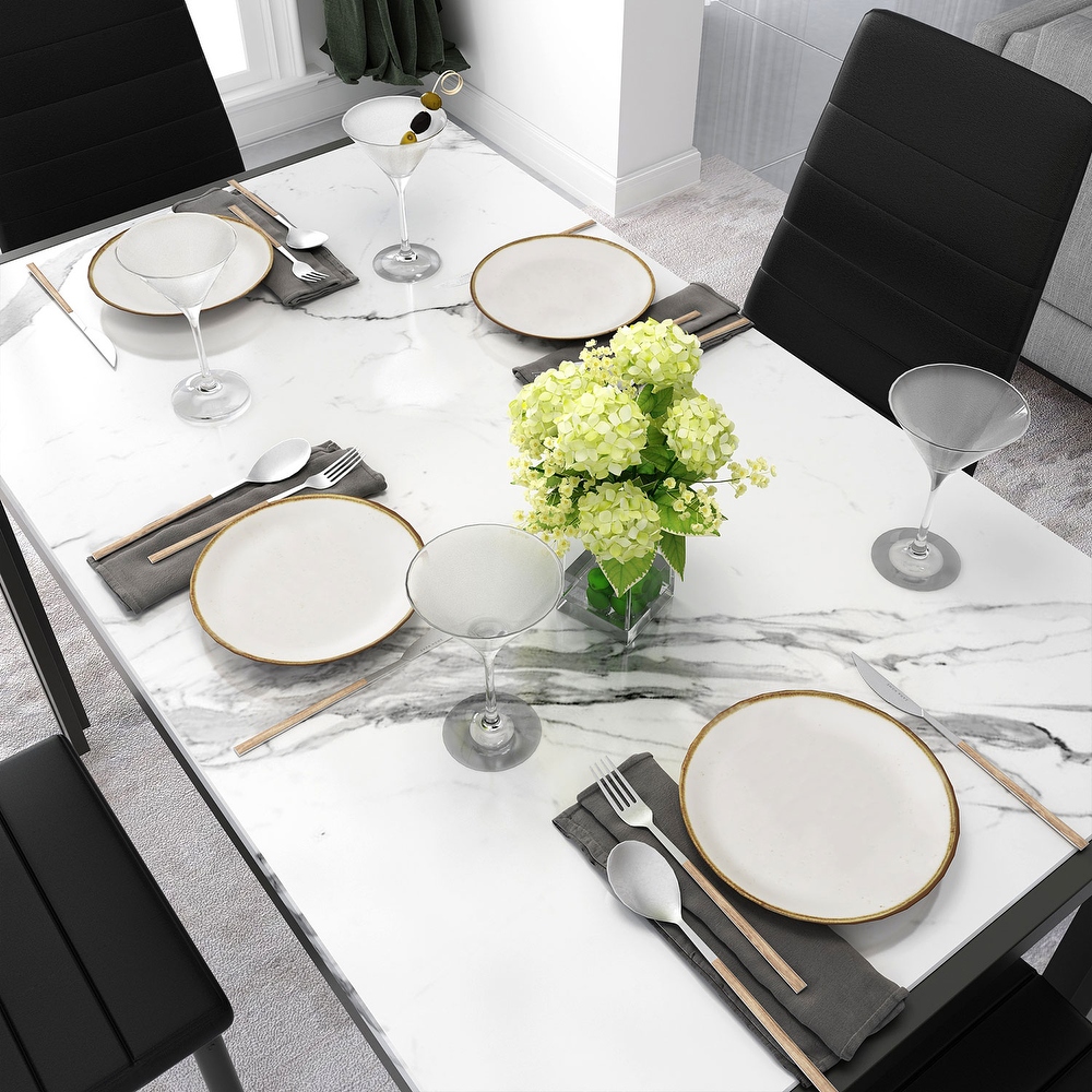 Mieres Modern Faux Marble 5 Pieces Kitchen Dining Set  Home Bar Dining Table Set with Upholstered PU Leather Chairs