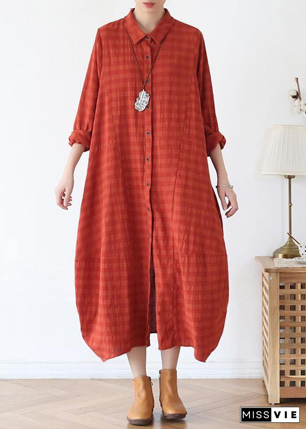 Women orange red dresses lapel Button Down Maxi fall Dress