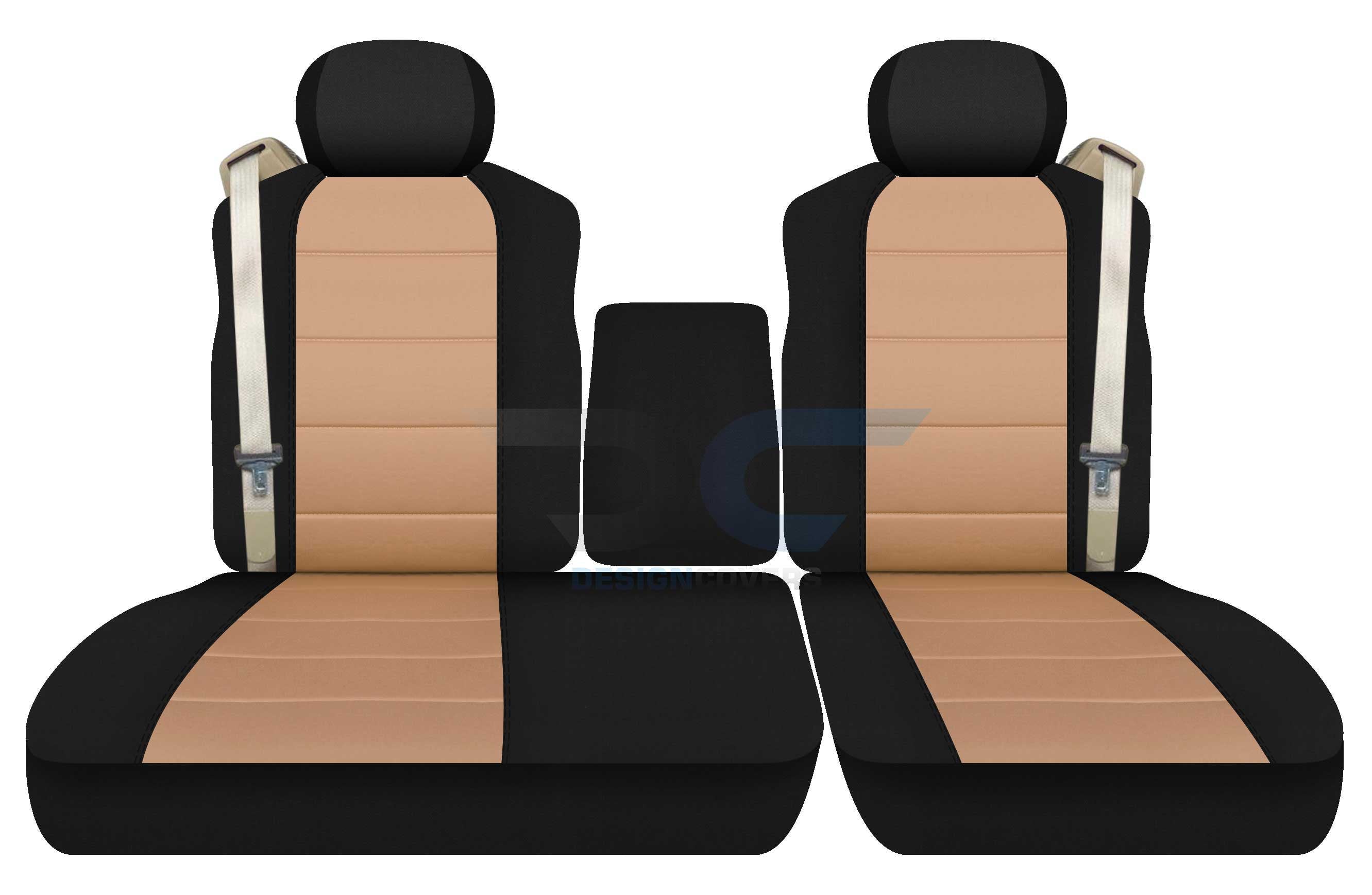 T470-Designcovers Compatible with 2001-2003 Ford F150 Two-Tone Truck Seat Covers (Front 40/60 Split Bench) with opening Center Console，Adjustable Headrests， Integrated Seat Belts: Black and Tan Velour