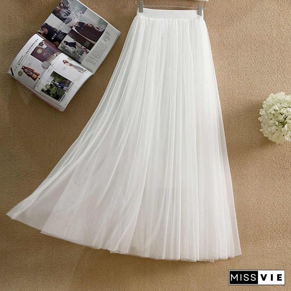 Tulle Skirts Women Summer Elastic High Waist Long Mesh Skirt Womens Tutu Maxi Pleated Skirt