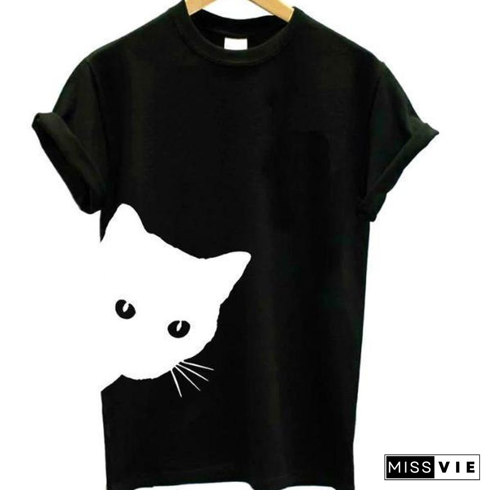 Cat Looking Print Women T-Shirt Cotton Casual Top Tee