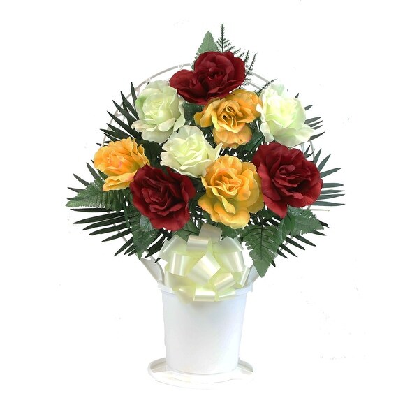 Memorial Large Rose Arrangement in Large，White Cemetery Hoop Basket with Handle