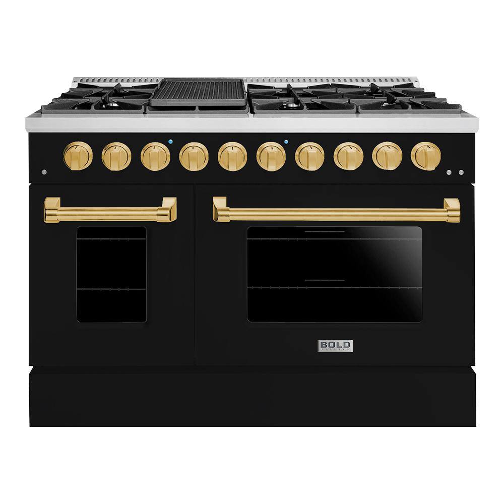 Hallman BOLD 48 in. TTL 6.7 Cu. ft. 8 Burner Freestanding All Gas Range with LP Gas Stove and Gas Oven Glossy Black Brass Trim HBRG48BSGB-LP