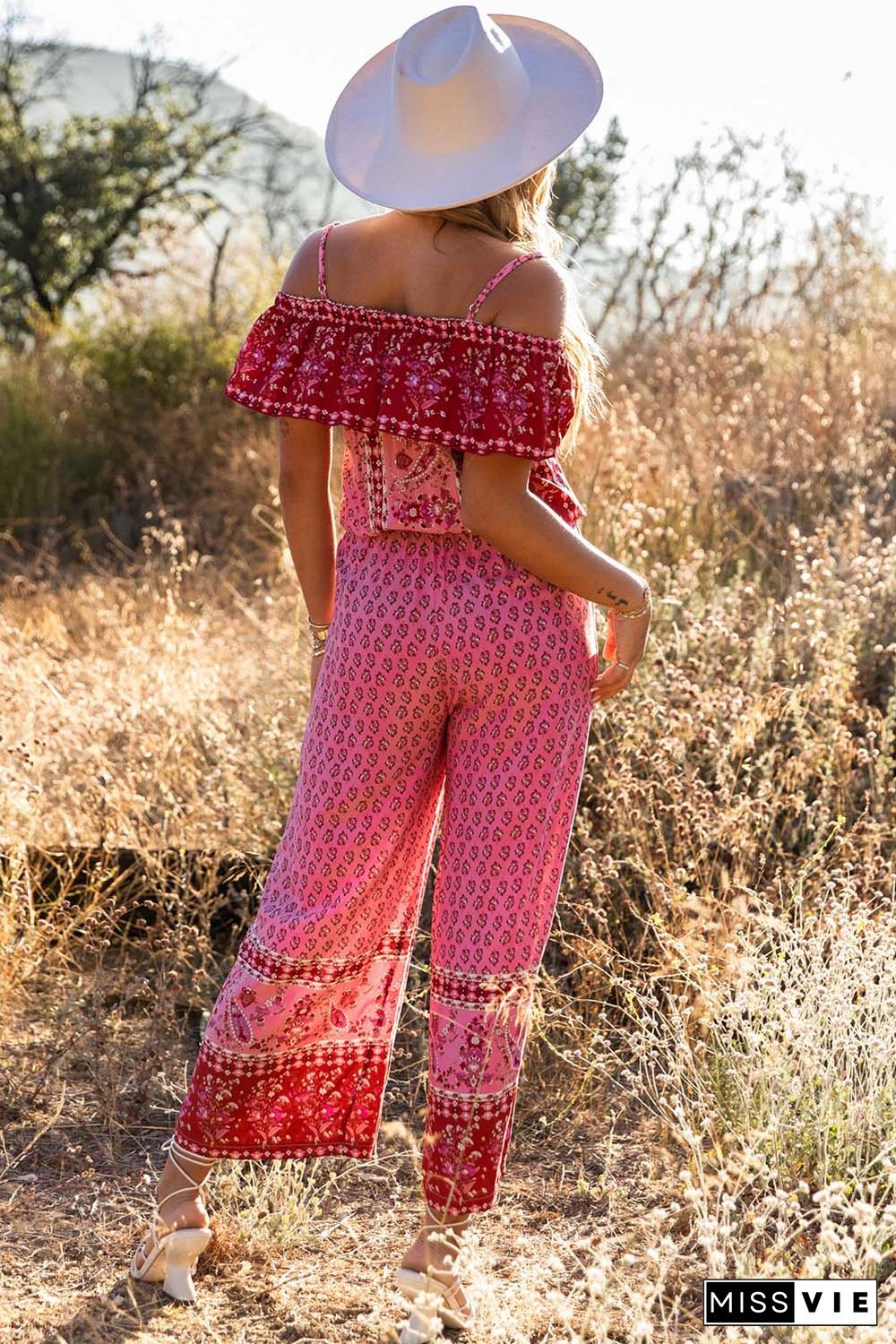 Red Pattern Print Spaghetti Strap Ruffled Wide Leg Jumpsuit