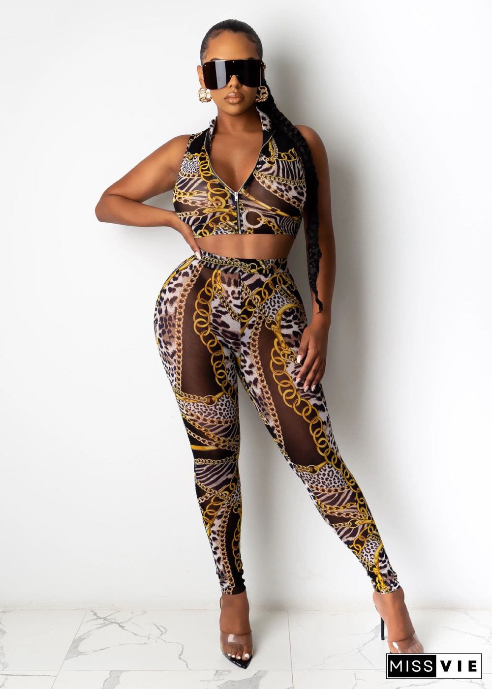 Sexy Chain Print Sleeveless Vest Pants Two-piece Set