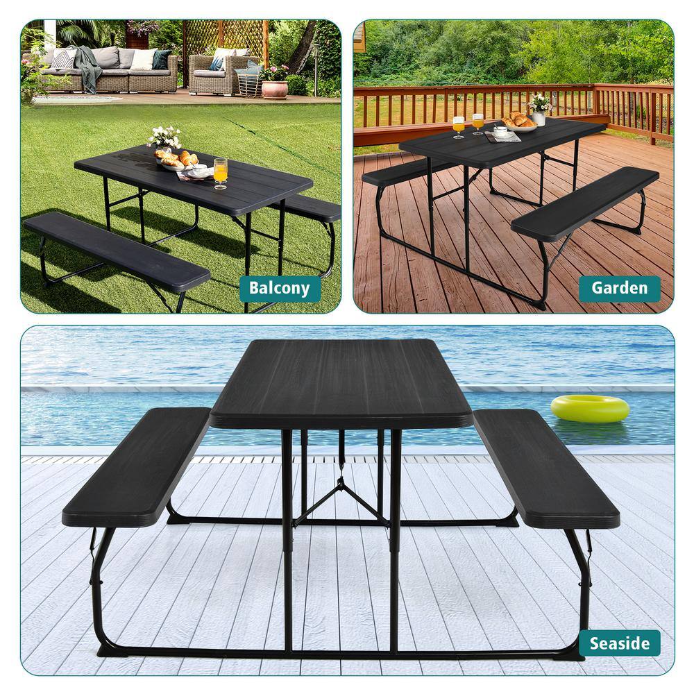 HONEY JOY Black Indoor  Outdoor Folding Picnic Table with Bench Seat Heavy-Duty Portable Camping Table Set TOPB006041