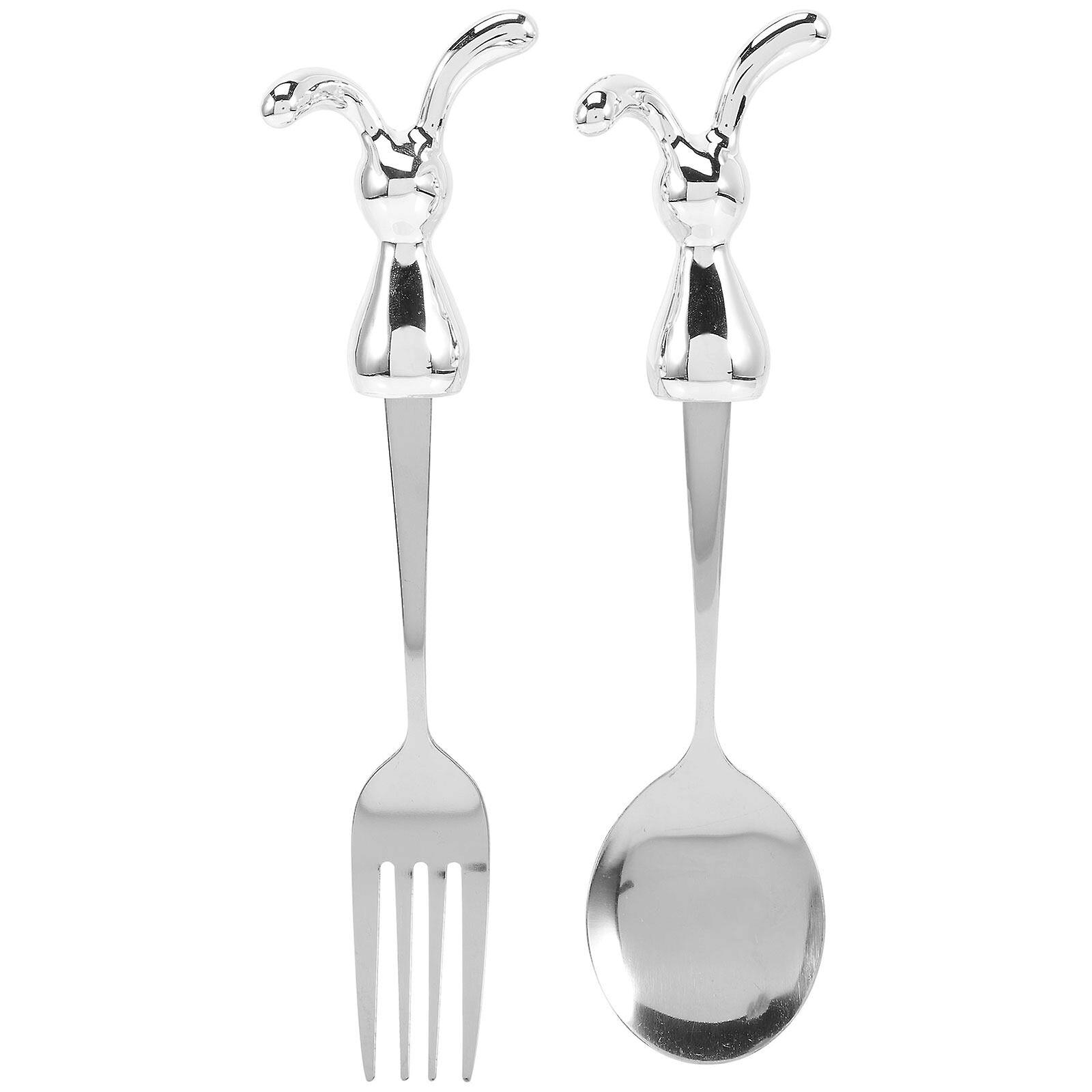 2pcs Stainless Steel Fork Spoon Set Bunny Rabbit Shaped Handle Kitchen Cutlery Utensil For Kids