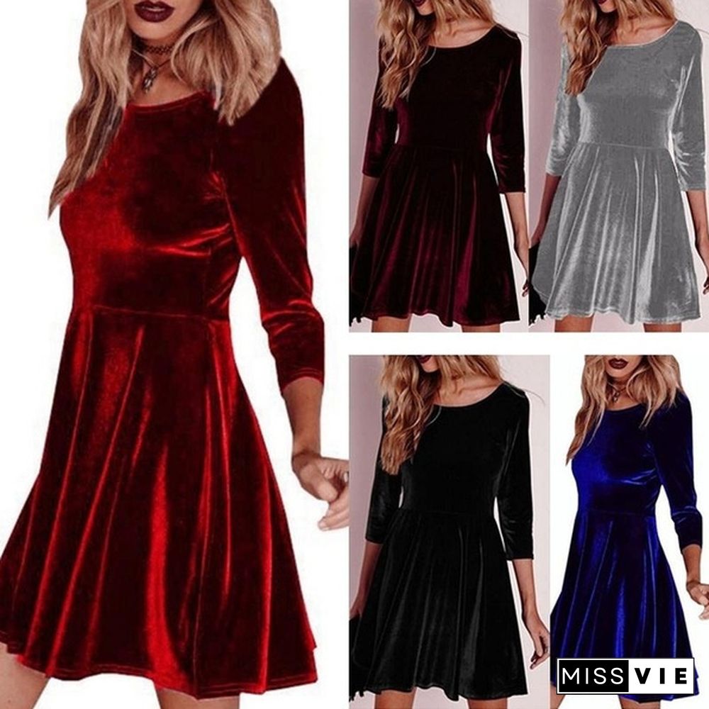 Womens Autumn Winter Fashion Dress Velvet Long Sleeve Dresses