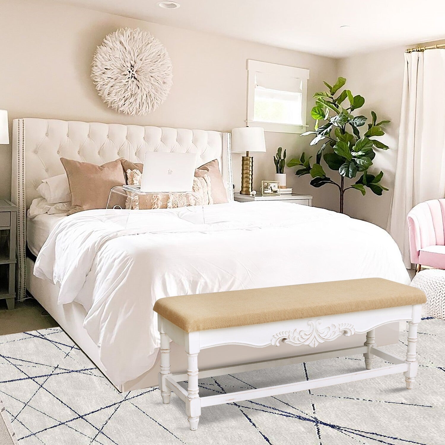 LuxenHome Upholstered Entry and Bedroom White Wood Bench