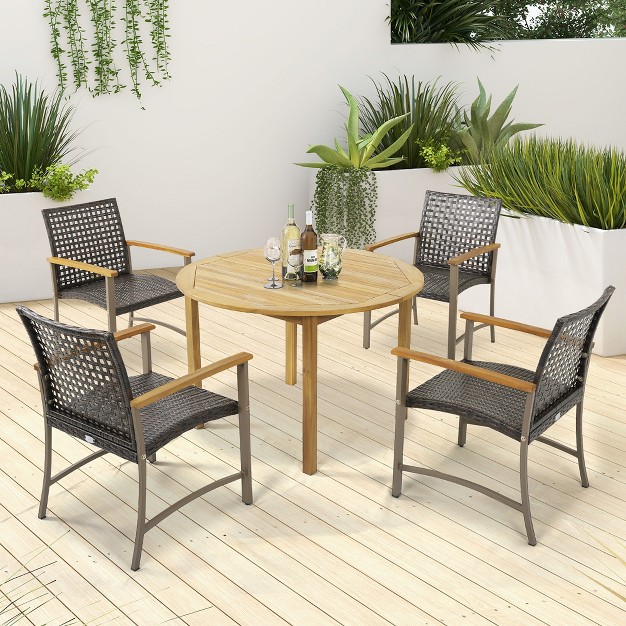 Tangkula Outdoor Rattan Chair Set Of 4 Patio Pe Wicker Dining Chairs W Acacia Wood Armrests Balcony Poolside