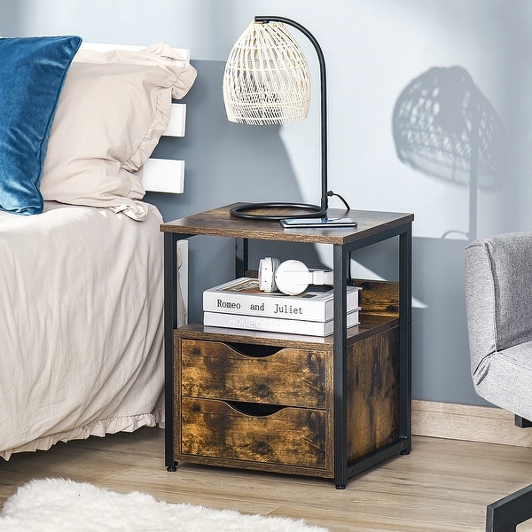 HOMCOM Industrial Side Table， Night Stand with 2 Storage Drawers Accent Piece for Living Room， Bedroom