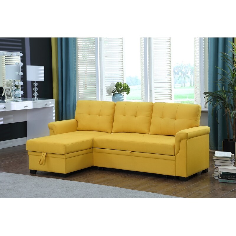 Back Cushion and Tufted Linen Seat Sectional Sofa with Reversible Pull out Sleeper and Storage Chaise  Solid Wood Frame.