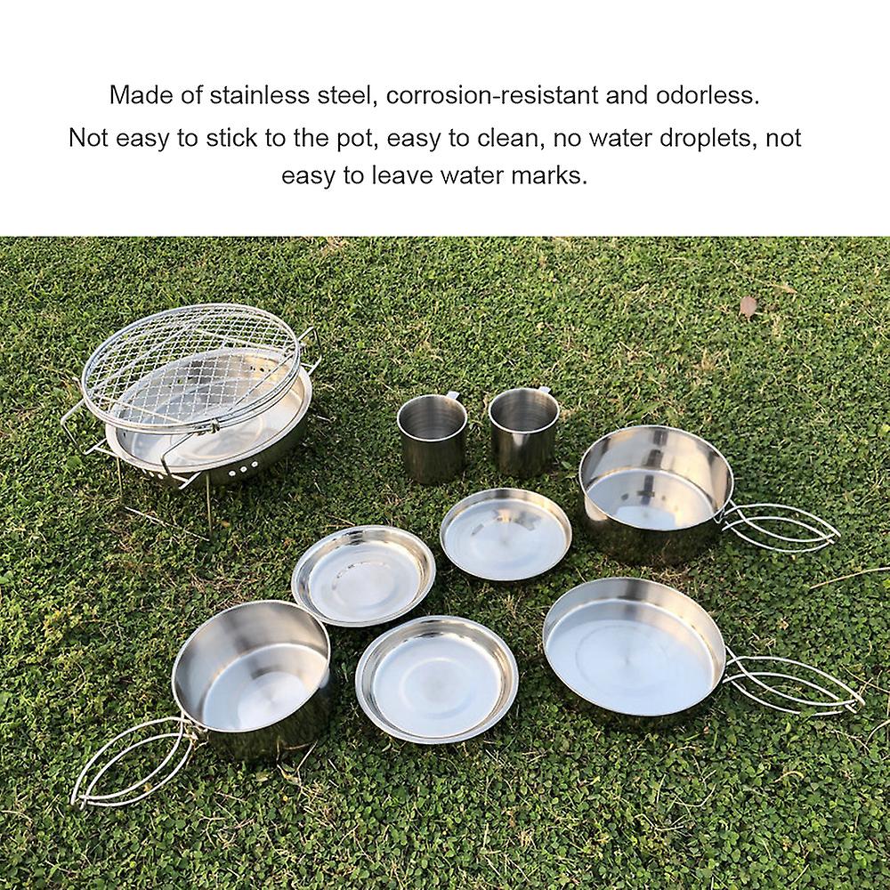 8pcs Outdoor Pan Set Stainless Steel Stacking Pots Hiking Pot Camping Cookware Non-stick Picnic Cooking Bowl Pot Kit