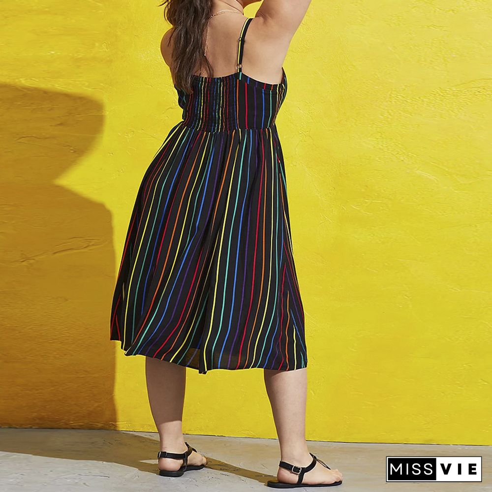 Plus Size Women Striped Print Sleeveless Spaghetti Strap Summer A Line Casual Club Party Midi Dresses