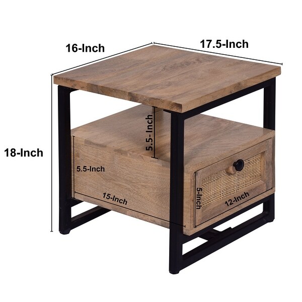 18 Inch Nightstand End Table， 1 Drawer， Open Storage， Natural Brown Mango Wood with a Rectangular Black Iron Frame