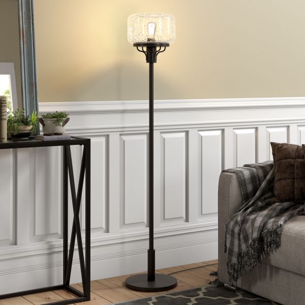 Tatum Globe and Stem Floor Lamp with Glass Shade in Blackened Bronze/Seeded