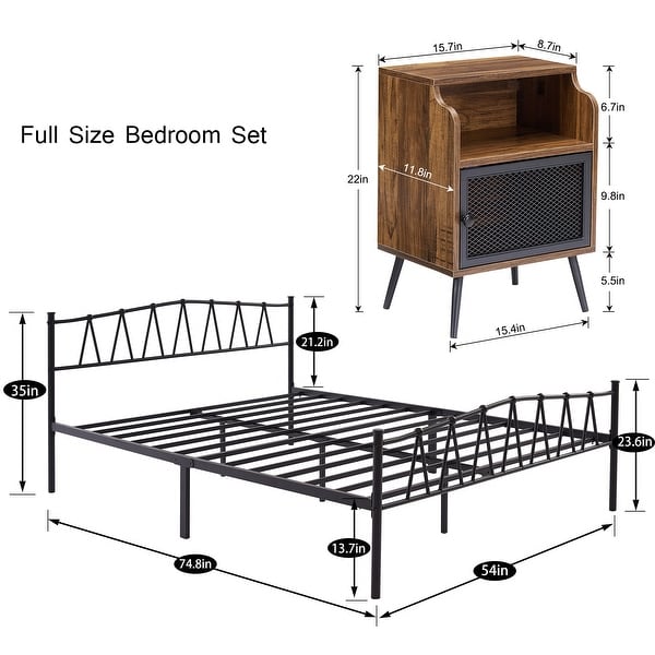 Industrial 3 Piece Bedroom Set Black Platform Bed Frame and Modern Brown Nightstands Set of 2 - - 36529080