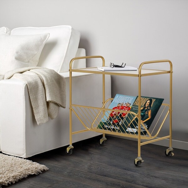 Mobile Gold Glass-top End Table with Magazine Rack