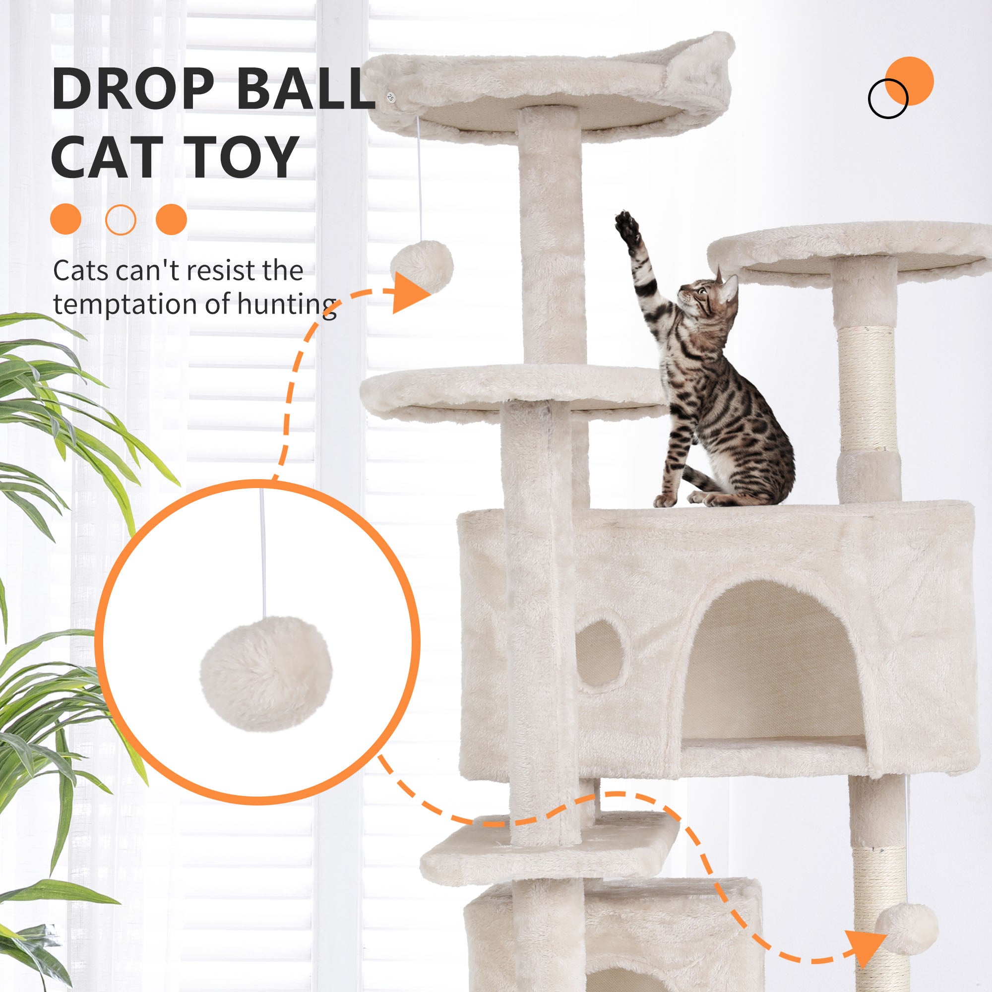 Dkelincs 54 inch Cat Trees and Towers for Indoor Cats， Cat Condo Scratching Post for Adult Cats， Multi-Level Cat Towers for Small Cats， Beige