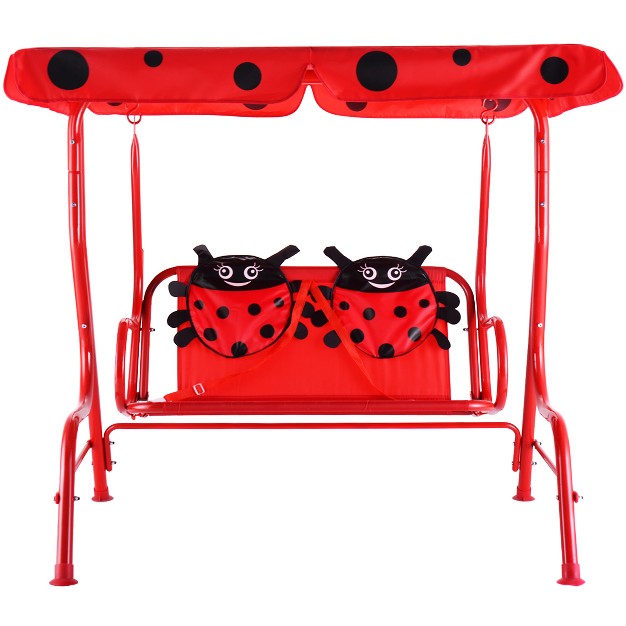 Costway Kids Patio Swing Chair Children Porch Bench Canopy 2 Person Yard Furniture Red