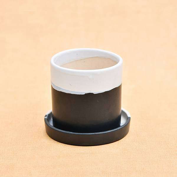 3.1 inch (8 cm) CP045 Cylindrical Ceramic Pot with Plate (White, Black) (set of 2)