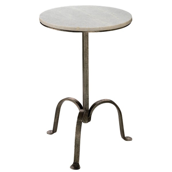 22 Inch Accent Side Table， Round Marble Top， Curved Metal Tripod Base， Gray